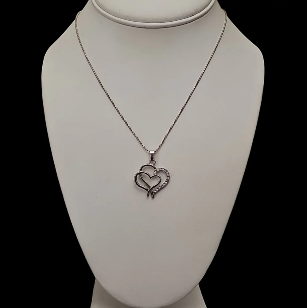 Vintage Silver Double Open Heart CZ Pendant Necklace